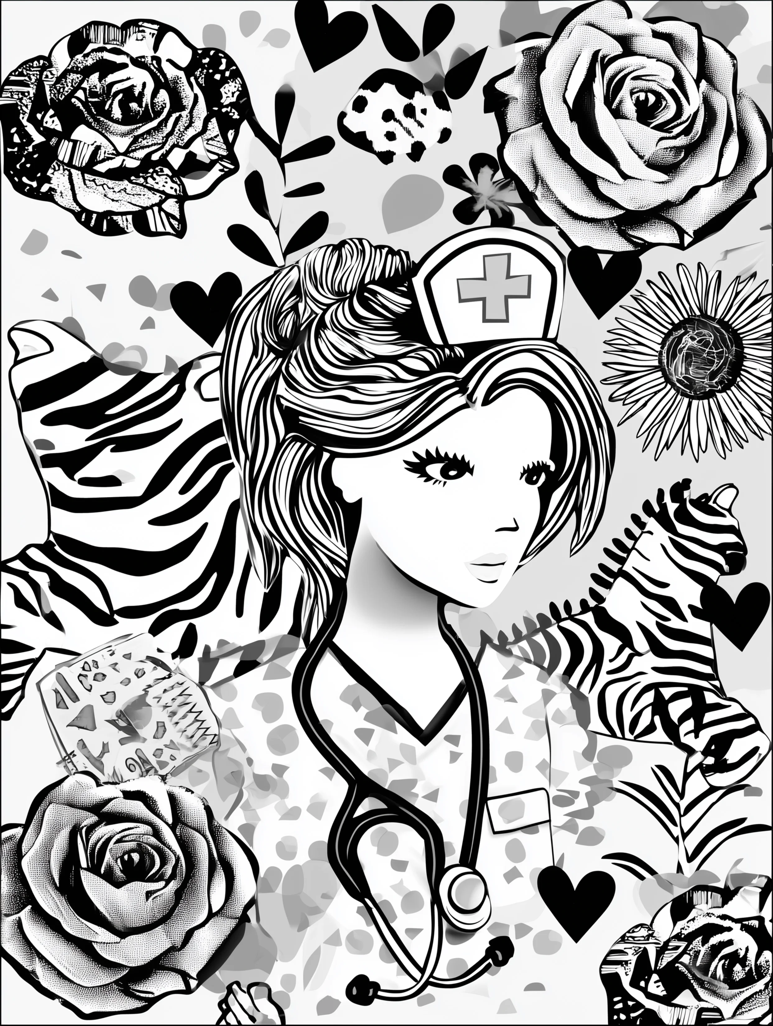 Free printable nursing coloring page for adults featuring a nurse looking to the right
